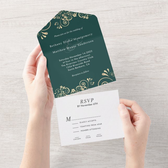 Invitation Tout En Un Élégant Mariage Emerald Green Gold (Déchirure)