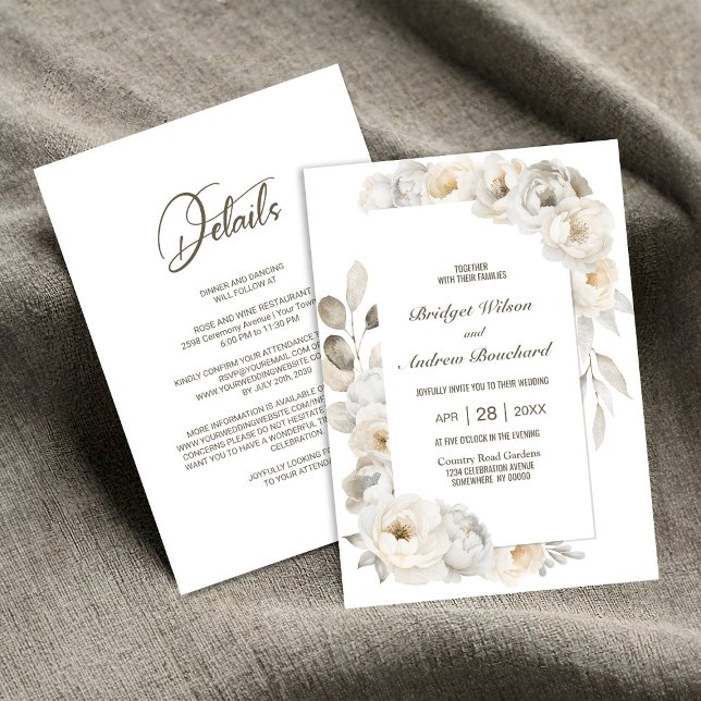 Invitation Tout en un élégant Mariage Floral Blanc (Créateur téléchargé)