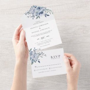 Invitation Tout En Un Élégant mariage floral bleu poussiéreux