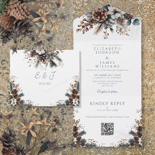 Invitation Tout En Un Élégant Mariage Floral Cône de Pin QR Code Rustiqu