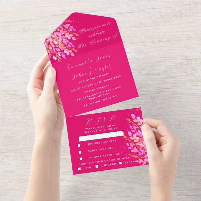 Invitation Tout En Un Elégant Mariage floral Magenta Fuchsia (Déchirure)