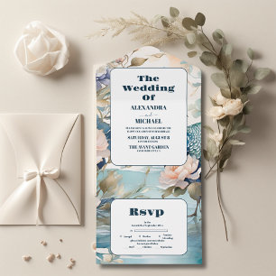 Invitation Tout En Un Élégant Mariage floral Peacock Chinoiserie