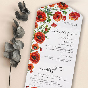 Invitation Tout En Un Élégant Mariage Floral Poppies Rouges Tout en un I
