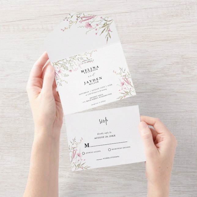 Invitation Tout En Un Élégant Mariage floral rose (Déchirure)