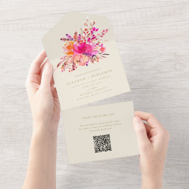Invitation Tout En Un Elégant Mariage floral rose clair (Déchirure)