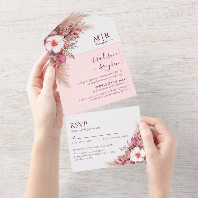 Invitation Tout En Un Élégant Mariage floral rose doux bordeaux (Déchirure)