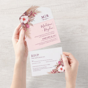 Invitation Tout En Un Élégant Mariage floral rose doux bordeaux