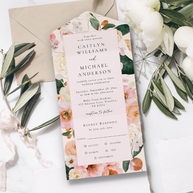 Invitation Tout En Un Élégant Mariage floral rose pâle (Créateur téléchargé)