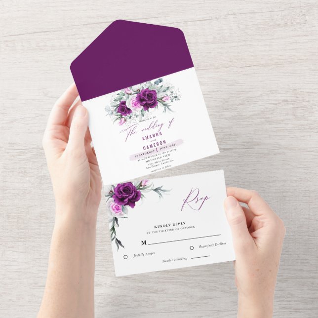 Invitation Tout En Un Élégant Mariage géométrique violet rustique (Déchirure)