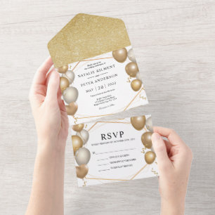 Invitation Tout En Un Élégant Mariage Gold et White Balloons Gold Frame