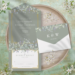 Invitation Tout En Un Élégant Mariage Lilac Foliage Sage vert Monogramme