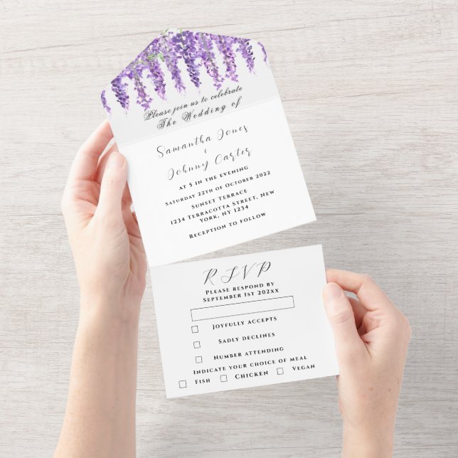 Invitation Tout En Un Elégant Mariage Lilac violet Wisteria Aquarelle (Déchirure)