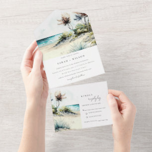 Invitation Tout En Un Elégant Mariage marin de la plage de Palm Plage Du