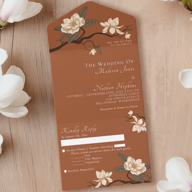 Invitation Tout En Un Élégant Mariage minimal en terre cuite Magnolia (Créateur téléchargé)