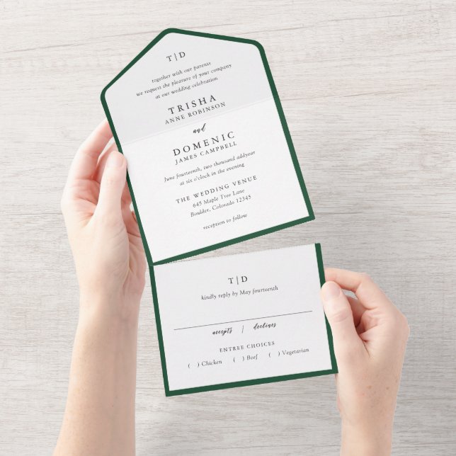 Invitation Tout En Un Élégant Mariage Moderne Monogramme Vert Émeraude (Déchirure)