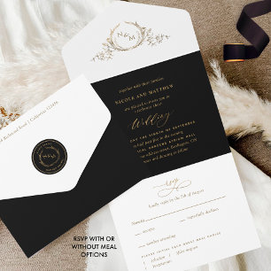 Invitation Tout En Un Élégant Mariage Monogramme noir et or avec RSVP