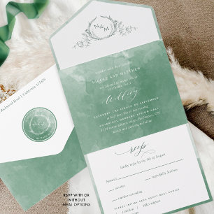 Invitation Tout En Un Élégant Mariage Monogramme Vert Aquarelle Tout En 