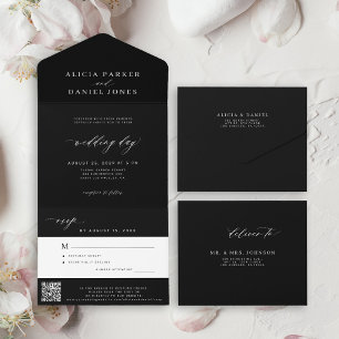 Invitation Tout En Un Elégant mariage noir code RSVP QR