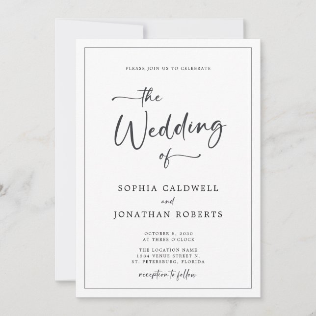 Invitation Tout en un Élégant Mariage noir et blanc (Devant)