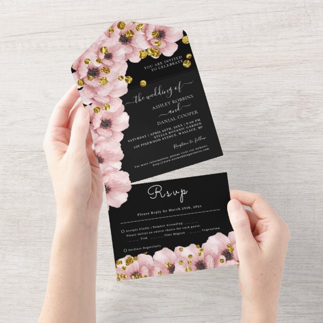 Invitation Tout En Un Élégant Mariage noir Rosy Classy (Déchirure)