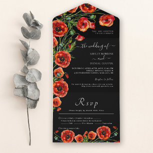 Invitation Tout En Un Élégant Mariage noir rouge floral