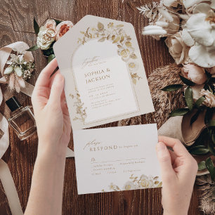 Invitation Tout En Un Élégant Mariage or botanique à arc floral