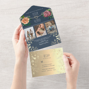 Invitation Tout En Un Élégant Mariage photo bleu marine