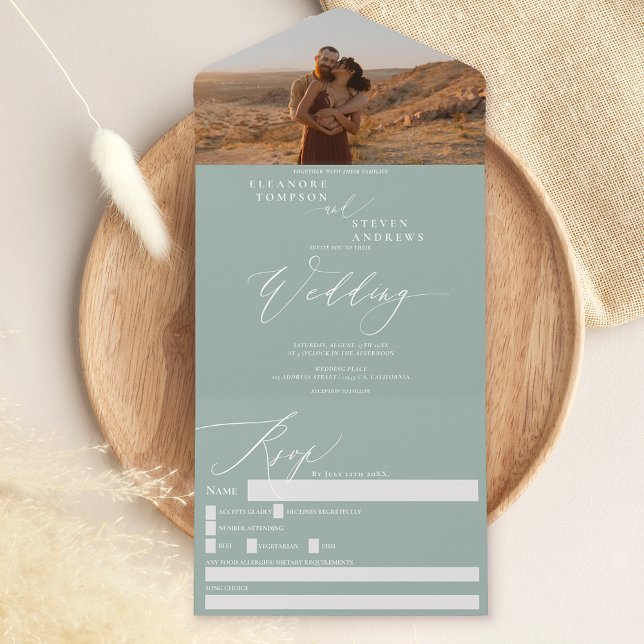 Invitation Tout En Un Élégant mariage photo vert sage moderne (Créateur téléchargé)