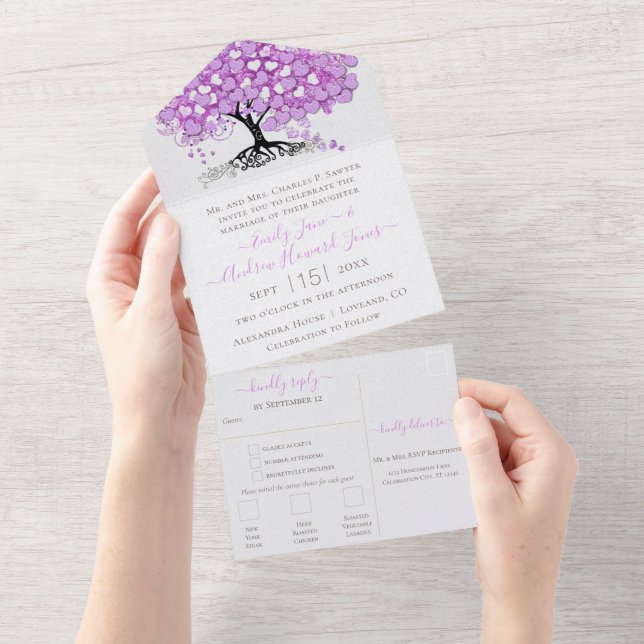 Invitation Tout En Un Élégant Mariage Pinkish Purple Heart Leaf Tree (Déchirure)
