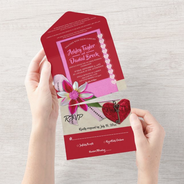 Invitation Tout En Un Élégant Mariage romantique de classe bordeaux (Déchirure)