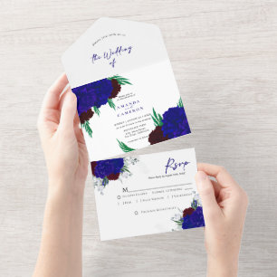 Invitation Tout En Un Élégant Mariage Rouge Bourgogne Bleu Marine "MARIG