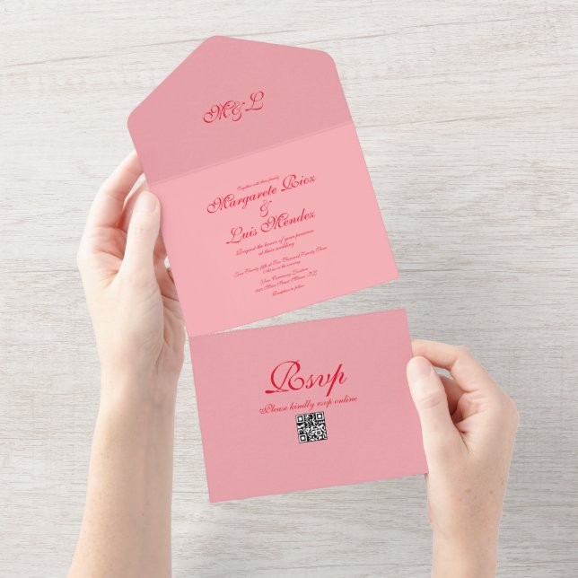 Invitation Tout En Un Élégant Mariage rouge rose simple (Déchirure)