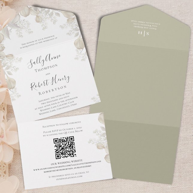 Invitation Tout En Un Élégant Mariage Sage Verdure Calligraphie Script (Elegant wedding all in one invitation with botanical greenery. )