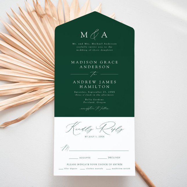Invitation Tout En Un Élégant Mariage vert Monogram moderne (Créateur téléchargé)