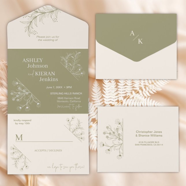 Invitation Tout En Un Élégant mariage vert mousse (Créateur téléchargé)