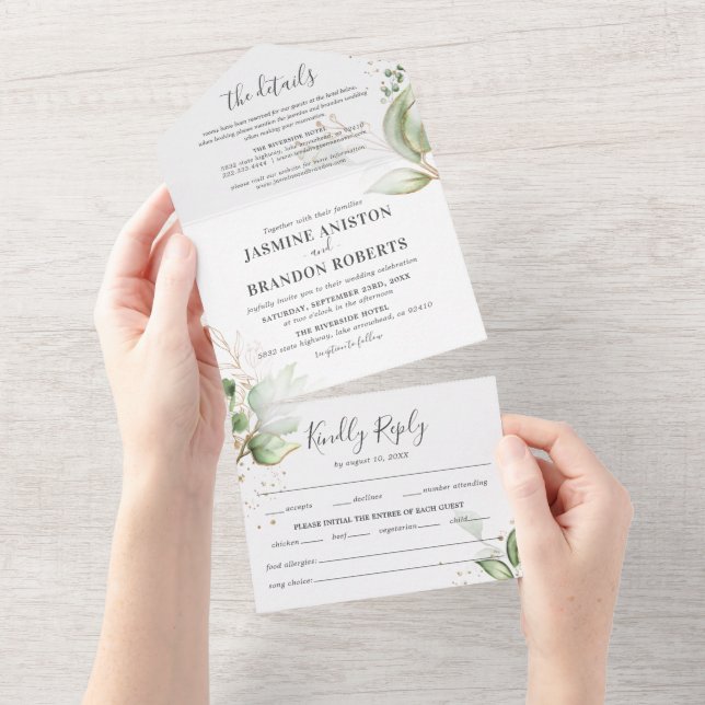 Invitation Tout En Un Élégant Mariage Vert & Or (Déchirure)