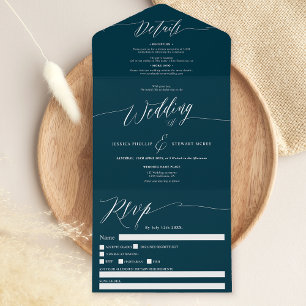 Invitation Tout En Un Elégant marine bleu blanc script mariage moderne