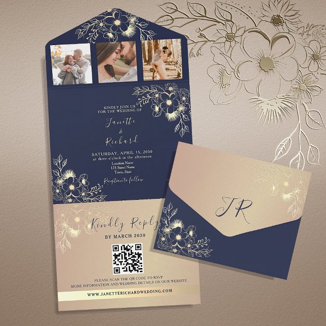Invitation Tout En Un Elegant Marine Bleu Photo QR Code Mariage (Créateur téléchargé)