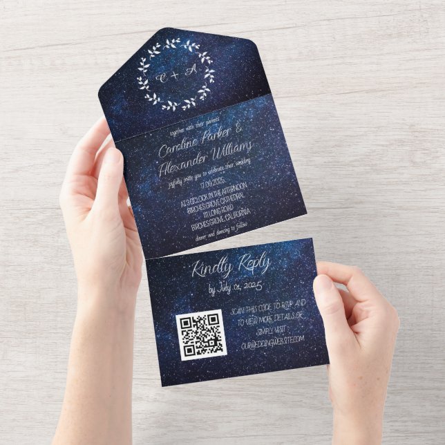 Invitation Tout En Un Elégant Marine Blue Galaxy Moderne RSVP QR Code (Déchirure)