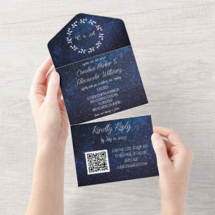 Invitation Tout En Un Elégant Marine Blue Galaxy Moderne RSVP QR Code