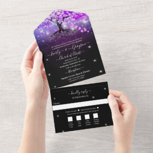 Invitation Tout En Un Elégant Mason Jar Purple Heart Leaf Tree Mariage A