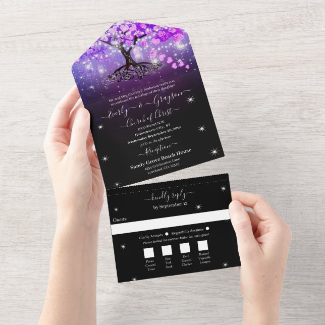 Invitation Tout En Un Elégant Mason Jar Purple Heart Leaf Tree Mariage A (Déchirure)