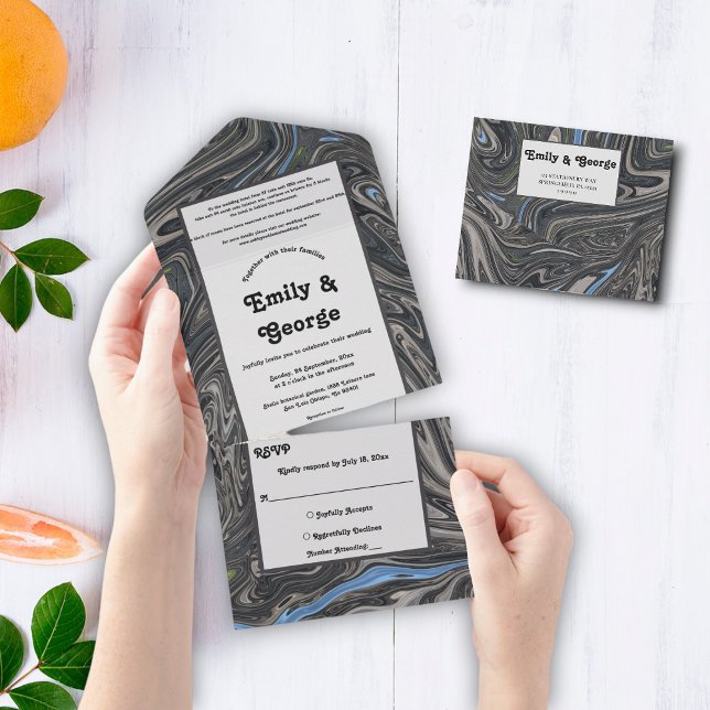 Invitation Tout En Un Élégant minimal gris bleu Vagues Mariage Abstrait (Créateur téléchargé)