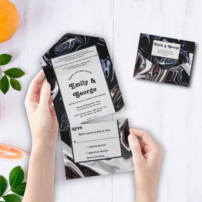 Invitation Tout En Un Élégant minimal noir blanc bleu Abstrait Mariage (Créateur téléchargé)