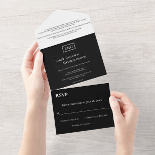 Invitation Tout En Un Élégant minimaliste Mariage Monogramme noir et bla