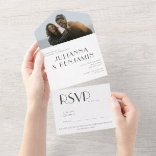 Invitation Tout En Un Élégant minimaliste noir blanc déco photo Mariage