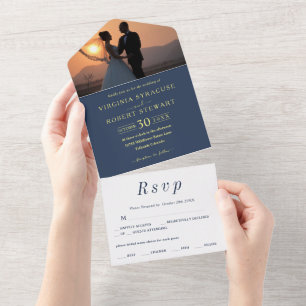 Invitation Tout En Un Élégant minimaliste photo Mariage Royal Blue Navy