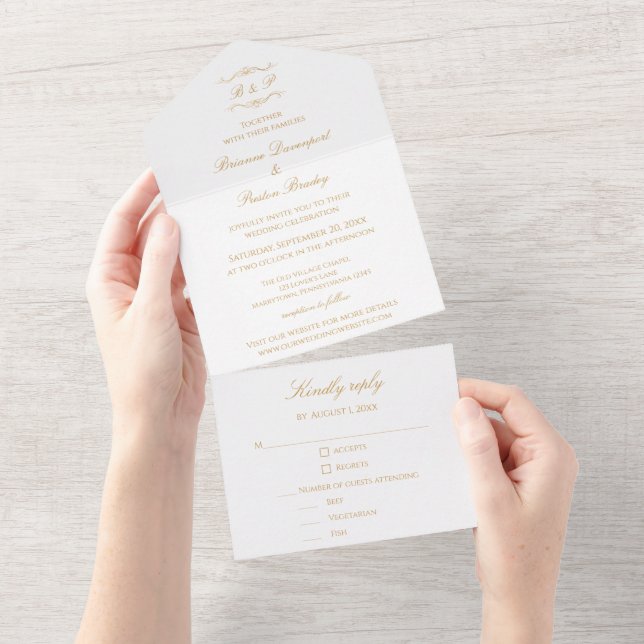 Invitation Tout En Un Elegant Modern Gold Script Monogram Wedding (Déchirure)