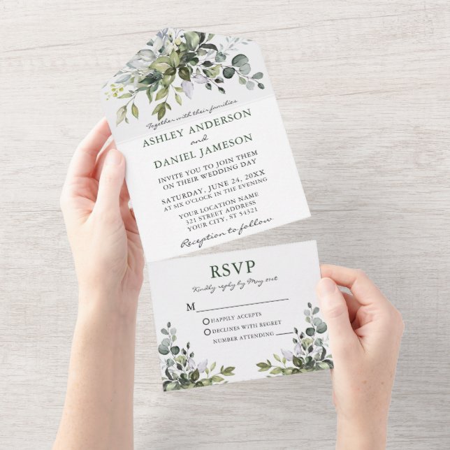 Invitation Tout En Un Elégant Moderne Aquarelle Verdure Mariage (Déchirure)