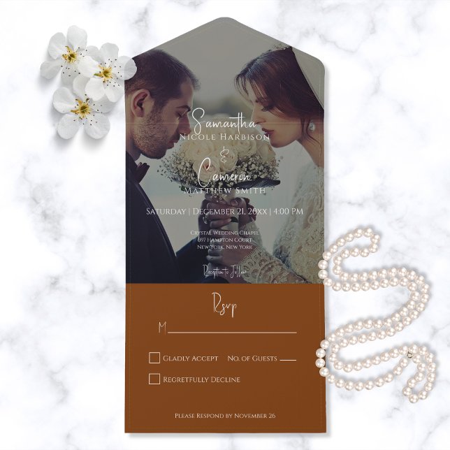 Invitation Tout En Un Elégant moderne Burnt Orange Rust Photo No Dinner (Créateur téléchargé)